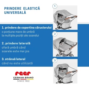 Copertina solara carucior copii, protectie UV UPF 80+, parasolar universal reglabil, protectie vant si ploaie usoara, prindere elastica universala, montare rapida, gri melange, Reer ShineSafe 84301 - Img 4