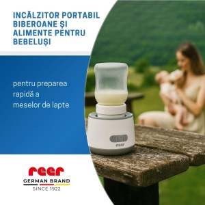Incalzitor portabil biberoane si alimente pentru bebelusi, 4 trepte temperatura 37-50°C, acumulator cu incarcare USB-C, 3 adaptoare biberon incluse, afisaj temperatura, timer cu oprire automata, independent de priza, Reer Heat2Go 33060 - Img 2