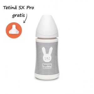 Biberon 270 ml cu tetina rotunda din silicon, 3 fluxuri, iepuras cu linii gri, Hygge Suavinex