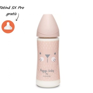 Biberon din sticla 240 ml cu tetina rotunda din silicon, 3 fluxuri, pisica roz Hygge Suavinex