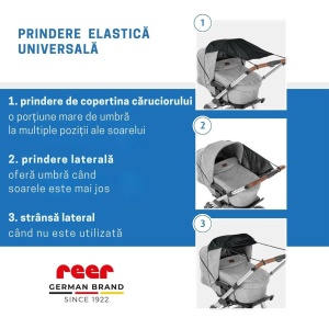 Copertina solara carucior copii, protectie UV UPF 80+, parasolar universal reglabil, protectie vant si ploaie usoara, prindere elastica universala, montare rapida, negru, Reer ShineSafe 84291 - Img 4