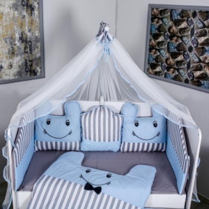 Lenjerie MyKids 11piese Figures gri-albastru cu baldachin 120x60 cm - Img 2