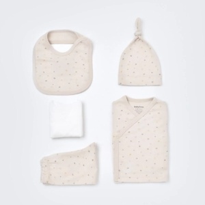 Set 5 piese pentru nou nascut - 100% bumbac organic - Crem cu buline, BabyCosy