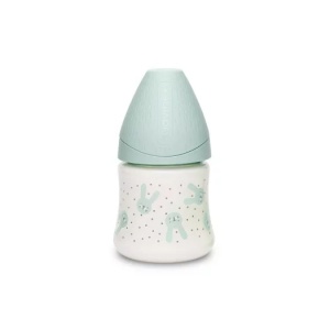 Biberon 150 ml cu tetina rotunda din silicon, debit lent, iepuras verde Hygge Suavinex - Img 2