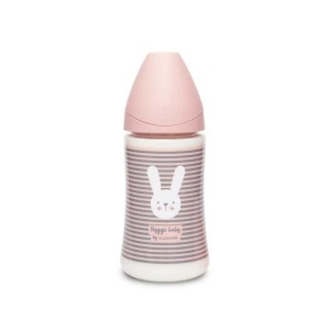 Biberon 270 ml cu tetina rotunda din silicon, 3 fluxuri, iepuras cu linii roz, Hygge Suavinex - Img 2
