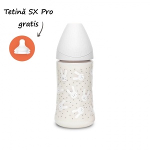 Biberon 270 ml cu tetina rotunda din silicon, 3 fluxuri, iepuras gri Hygge Suavinex