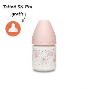 Biberon din sticla 120 ml cu tetina rotunda din silicon, debit lent, iepuras roz Hygge Suavinex
