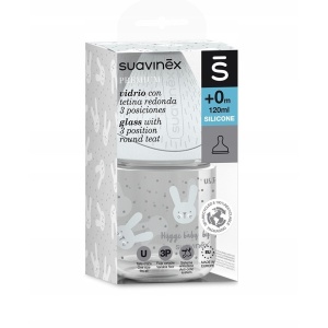 Biberon din sticla 120 ml cu tetina rotunda din silicon, debit lent, iepuras roz Hygge Suavinex - Img 4