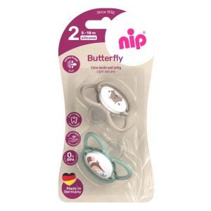 Set 2 suzete nip Butterfly cu tetina ortodontica din silicon, forma simetrica, fara BPA, cu inel pentru prindere usoara, 5-18 luni, nip Butterfly 31051