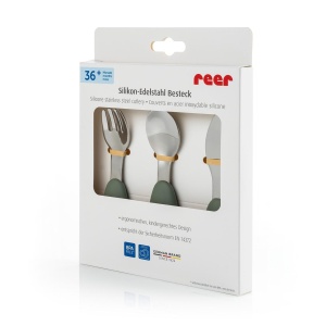 Set 3 tacamuri din otel inoxidabil (furculita, lingurita si cutit), manere din silicon, fara BPA, lavabile in masina de spalat vase, Reer 25133 - Img 2
