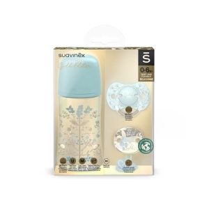 Set biberon 270ml + suzeta 0-6m + lantisor Albastru Gold Premium