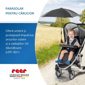 Umbrela parasolar carucior copii, protectie UV 80+, forma patrata 80 cm, reglabila 180°, prindere universala anti-alunecare, negru, Reer ShineSafe 84261 - Img 9