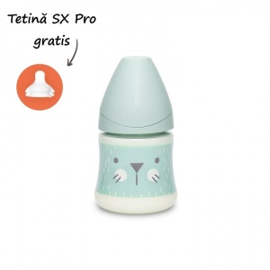Biberon 150 ml cu tetina rotunda din silicon, debit lent, pisica verde Hygge Suavinex