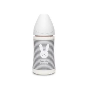 Biberon 270 ml cu tetina rotunda din silicon, 3 fluxuri, iepuras cu linii gri, Hygge Suavinex - Img 2