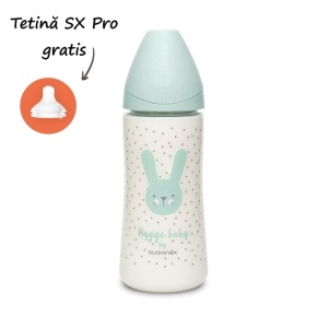 Biberon 360 ml cu tetina rotunda din silicon, debit dens, iepuras verde Hygge Suavinex