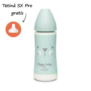 Biberon 360 ml cu tetina rotunda din silicon, debit dens, pisica verde Hygge Suavinex