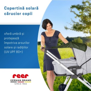 Copertina solara carucior copii, protectie UV UPF 80+, parasolar universal reglabil, protectie vant si ploaie usoara, prindere elastica universala, montare rapida, verde, Reer ShineSafe 84313 - Img 2