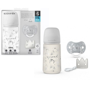 Set Cadou Biberon 270ml + Suzeta 0-6m + Clema Silver Premium, Spread Joy, Suavinex