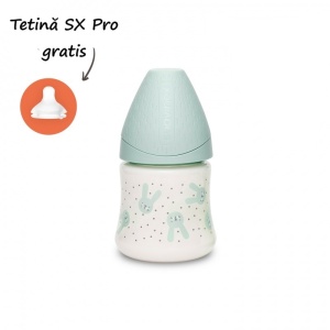Biberon 150 ml cu tetina rotunda din silicon, debit lent, iepuras verde Hygge Suavinex