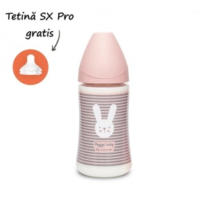 Biberon 270 ml cu tetina rotunda din silicon, 3 fluxuri, iepuras cu linii roz, Hygge Suavinex
