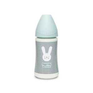 Biberon 270 ml cu tetina rotunda din silicon, 3 fluxuri, iepuras cu linii verzi, Hygge Suavinex - Img 2
