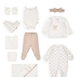 Set de 10 piese pentru nou nascut, Bow, stone, 100% bumbac organic, BabyCosy - Img 2