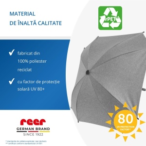 Umbrela parasolar carucior copii, protectie UV 80+, forma patrata 80 cm, reglabila 180°, prindere universala anti-alunecare, gri melange, Reer ShineSafe 84271 - Img 10