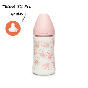 Biberon 270 ml cu tetina rotunda din silicon, 3 fluxuri, iepuras roz Hygge Suavinex