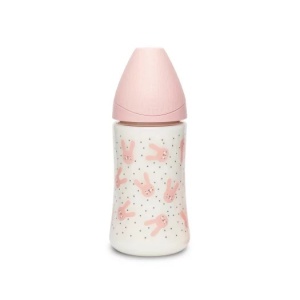 Biberon 270 ml cu tetina rotunda din silicon, 3 fluxuri, iepuras roz Hygge Suavinex - Img 2