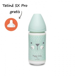 Biberon din sticla 240 ml cu tetina rotunda din silicon, 3 fluxuri, pisica verde Hygge Suavinex