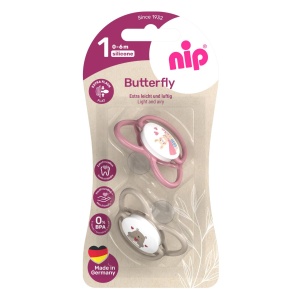 Set 2 suzete nip Butterfly cu tetina ortodontica din silicon, forma simetrica, fara BPA, cu inel pentru prindere usoara, 0-6 luni, nip Butterfly 31050 - Img 3