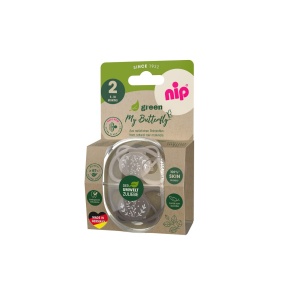 Set 2 suzete nip My Butterfly cu tetina ortodontica din silicon, forma simetrica, din materiale naturale regenerabile, fara BPA, cutie de transport si sterilizare, 16-32 luni, maro, nip My Butterfly Green 38865