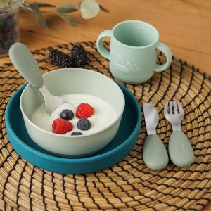 Set 3 tacamuri din otel inoxidabil (furculita, lingurita si cutit), manere din silicon, fara BPA, lavabile in masina de spalat vase, Reer 25133 - Img 3
