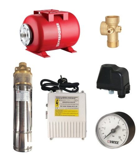 Pachet pompa submersibila KOPH 4SKM150, 1100 W, inaltime refulare 100 m, 2850 RPM, bobinaj cupru, cablu 15 m, Vas expansiune, Presostat, Manometru
