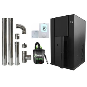 KOPH Pachet economic - Centrala peleti KOPH PM 35 KW, 230 mp, buncar peleti 80 kg, diametru cos fum ⌀100 mm, pompa recirculare si vas expansiune incorporate, Termostat KOPH 303RF + Aspirator cenusa 1000W + Cos fum inox de interior ⌀100 mm