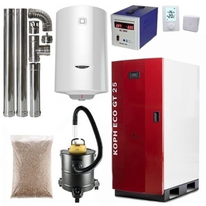 Pachet centrala termica cu peleti KOPH GT 25 kW, pompa de circulatie, vas de expansiune, supapa de siguranta, display electronic, boiler termoelectric 100 litri