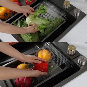 Set chiuveta multifunctionala KOPH din otel inoxidabil, baterie dubla, cuva perforata fructe/legume, cuva universala cu dop scurgere, tocator, 750 × 460 × 220 mm, accesorii incluse, Gun Grey