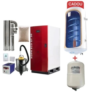 Pachet centrala termica cu peleti KOPH GT 30 kW, pompa de circulatie, vas de expansiune, supapa de siguranta, display electronic, Cadou Boiler Termoelectric Tesy 80 litri + Vas expansiune sanitar 12 litri