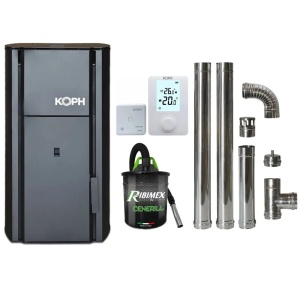 Pachet economic - Centrala cu peleti KOPH PM 30 kW, 200 mp, buncar peleti 30 kg, diametru cos fum ⌀80 mm, pompa recirculare si vas expansiune incorporate + Termostat ambiental KOPH 303RF + Aspirator cenusa 1000W + Cos fum inox de interior ⌀80 mm