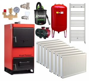 Pachet centrala/Cazan pe lemn/carbuni KOPH Panzzer 52 kW/60 kW cu regulator de tiraj inclus, Ø 160 mm, volum manta apa 100 litri, Calorifere, Pompe recirculare, Vas expansiune 50 litri