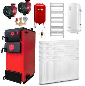 Pachet Centrala/Cazan pe lemn KOPH ECO 40 kW, cu ardere standard, 250 mp, volum manta apa 91 litri, diametru cos fum ⌀179 mm, randament 86%, Calorifere, Boiler termoelectric, Pompe recirculare, Vas expansiune - Img 1