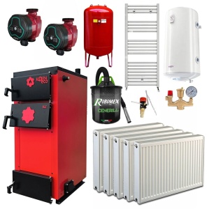 Pachet Centrala/Cazan pe lemn KOPH ECO 40 kW, cu ardere standard, 250 mp, volum manta apa 91 litri, diametru cos fum ⌀179 mm, randament 86%, Calorifere, Boiler termoelectric, Pompe recirculare, Vas expansiune