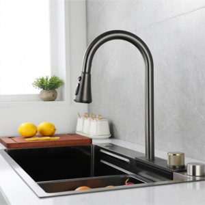 Set chiuveta multifunctionala KOPH din otel inoxidabil, baterie dubla, cuva perforata fructe/legume, cuva universala cu dop scurgere, tocator, 750 × 460 × 220 mm, accesorii incluse, Gun Grey