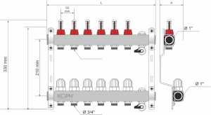 Ansamblu distribuitor pentru incalzire in pardoseala, 7 cai, inox 1", KOPH/Jurgen - Img 2