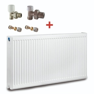Pachet calorifer (radiator) din otel KOPH E, tip 22, 600/1400 mm, 2770 W + Robineti Tur/Retur Gaia 1/2", conector pexal inclus