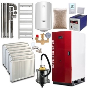 Pachet centrala termica cu peleti KOPH GT 30 kW, pompa de circulatie, vas de expansiune, supapa de siguranta, display electronic, grup siguranta, calorifere, robineti tur/retur, boiler termoelectric 100 litri