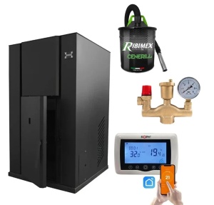 Pachet centrala termica cu peleti KOPH PM 40 kW, 250 mp, buncar peleti 100 kg, diametru cos fum ⌀100 mm, pompa recirculare si vas expansiune incorporate, Termostat inteligent KOPH CT99, Grup de siguranta, Aspirator cenusa