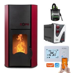 Pachet Smart Control - Termosemineu cu peleti KOPH PM 30 kW, 200 mp, diametru cos fum ⌀80 mm, pompa recirculare si vas expansiune incorporate, Bordo + Termostat inteligent KOPH I302 WiFi + Aspirator cenusa 1000W + Stabilizator tensiune