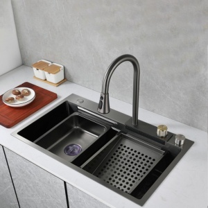 Set chiuveta multifunctionala KOPH din otel inoxidabil, baterie dubla, cuva perforata fructe/legume, cuva universala cu dop scurgere, tocator, 750 × 460 × 220 mm, accesorii incluse, Gun Grey