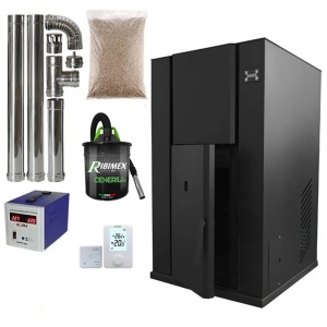 Pachet centrala termica cu peleti KOPH PM 40 kW, 250 mp, buncar peleti 100 kg, diametru cos fum ⌀100 mm, pompa recirculare si vas expansiune incorporate, Negru